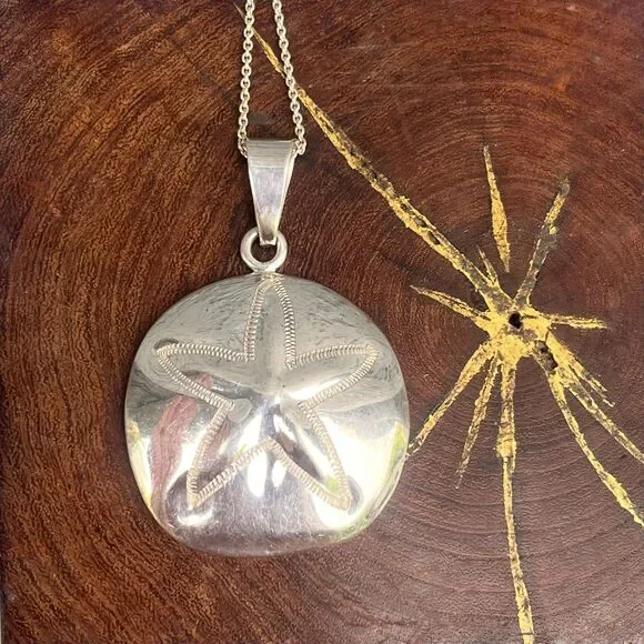 Vintage Sand Dollar Necklace 925 Large Shell Pendant ATI Mexico jewelry - Picture 4 of 10